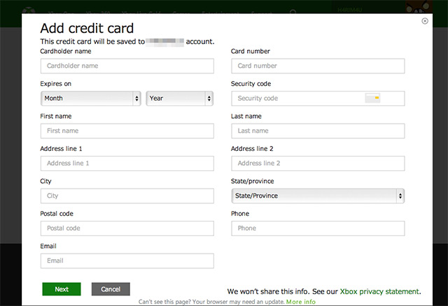 how to add a credit card to xbox